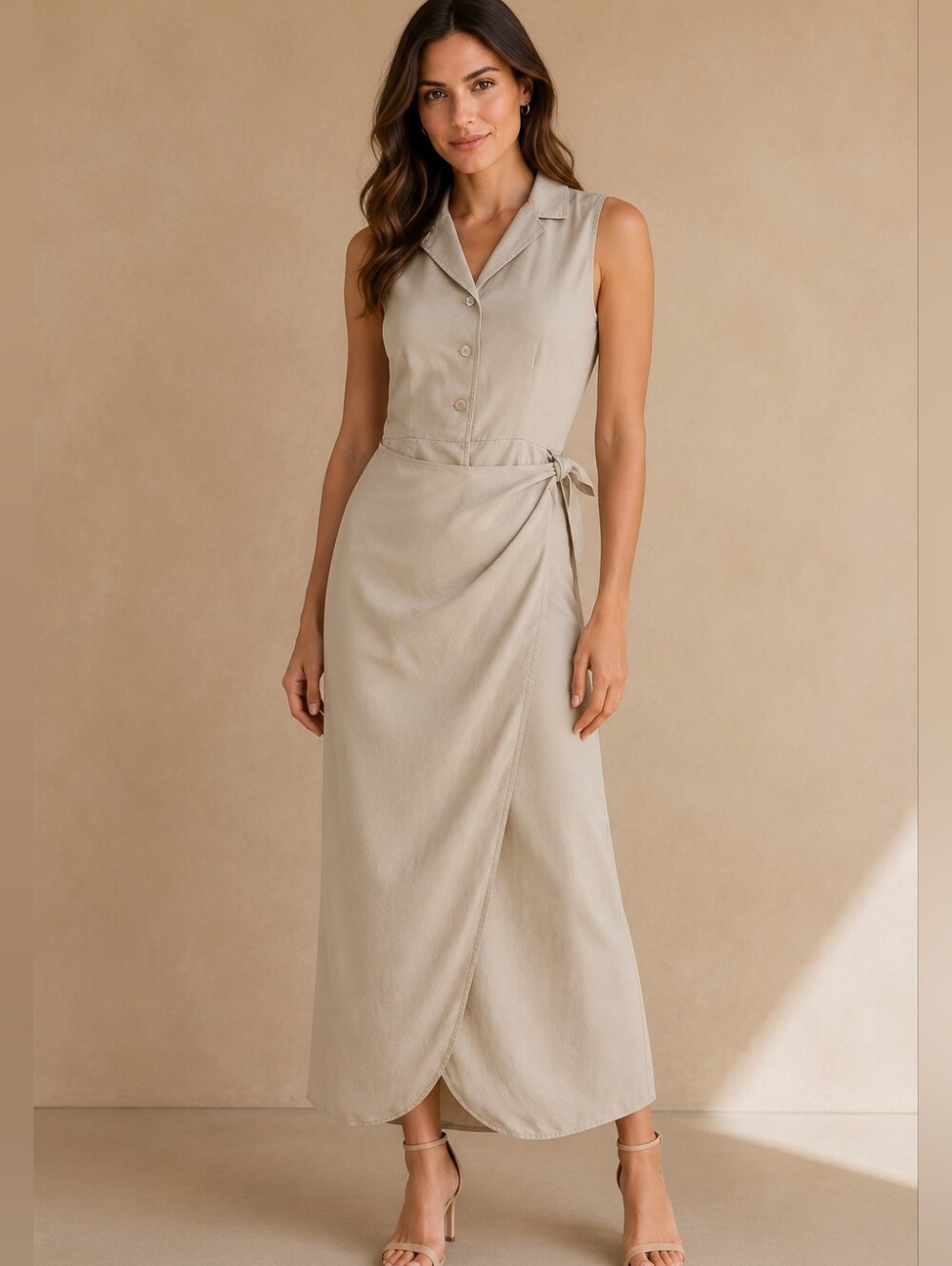 Ann Taylor 100% Silk Wrap Front Midi Maxi Dress Beige Taupe Size 4